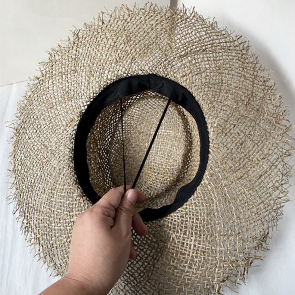 Women's Raffia Style Straw Hat With Raw Edge And Concave Top