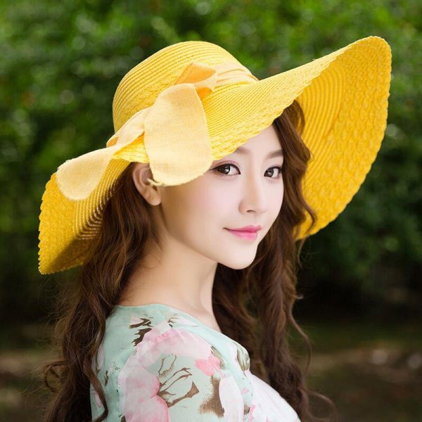 Korean Version Of The Summer Outdoor Beach Bow Sunscreen Sun Hat Solid Color Big Straw Hat Ladies